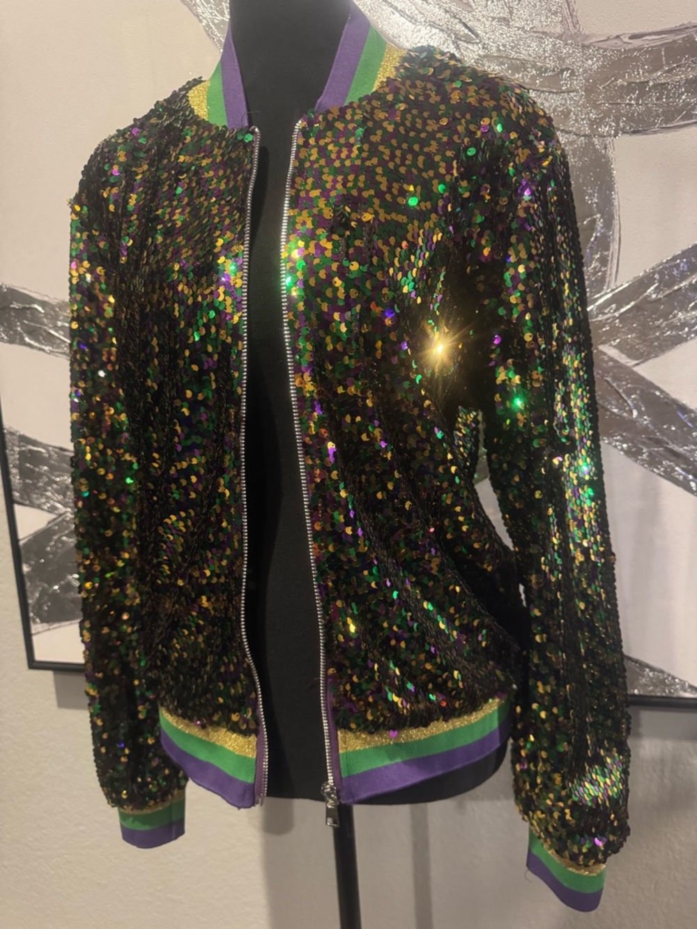 Purple, Green, and Gold Sequin Bomber Jacket - Picture 2 of 7